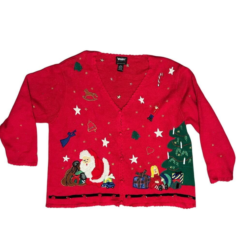 Vintage Designers Original Studio Red Christmas Cardigan Santa Doll 2X